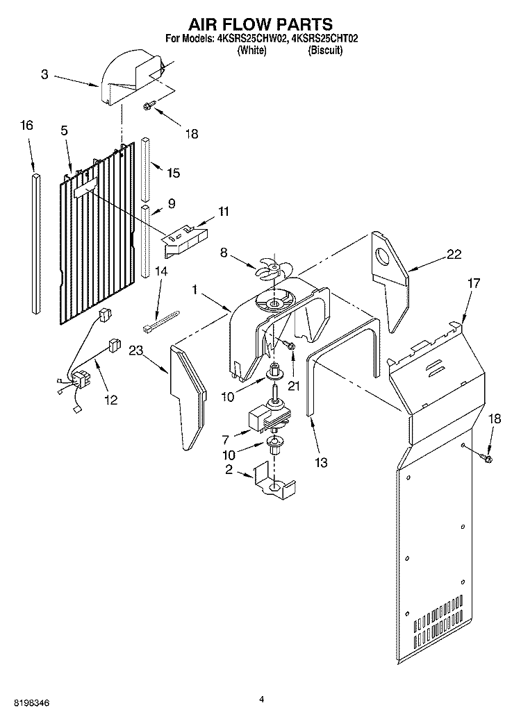 AIR FLOW Diagram and Parts List for 4KSRS25CHW02  KitchenAid Refrigerator