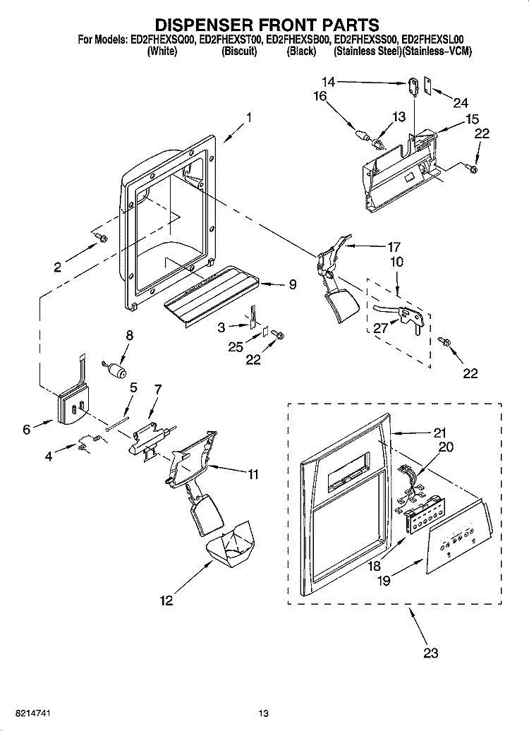 DISPENSER FRONT PARTS Diagram and Parts List for ED2FHEXSL00  Whirlpool Refrigerator