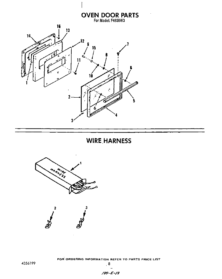 OVEN DOOR , WIRE HARNESS Diagram and Parts List for F4858L3  Roper Range