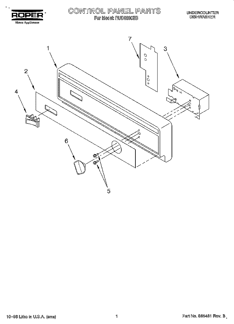 CONTROL PANEL Diagram and Parts List for RUD0800EB  Roper Dishwasher