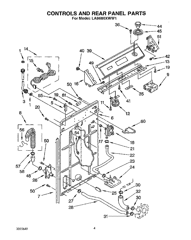 CONTROLS AND REAR PANEL Diagram and Parts List for LA9680XWF1  Whirlpool Washer