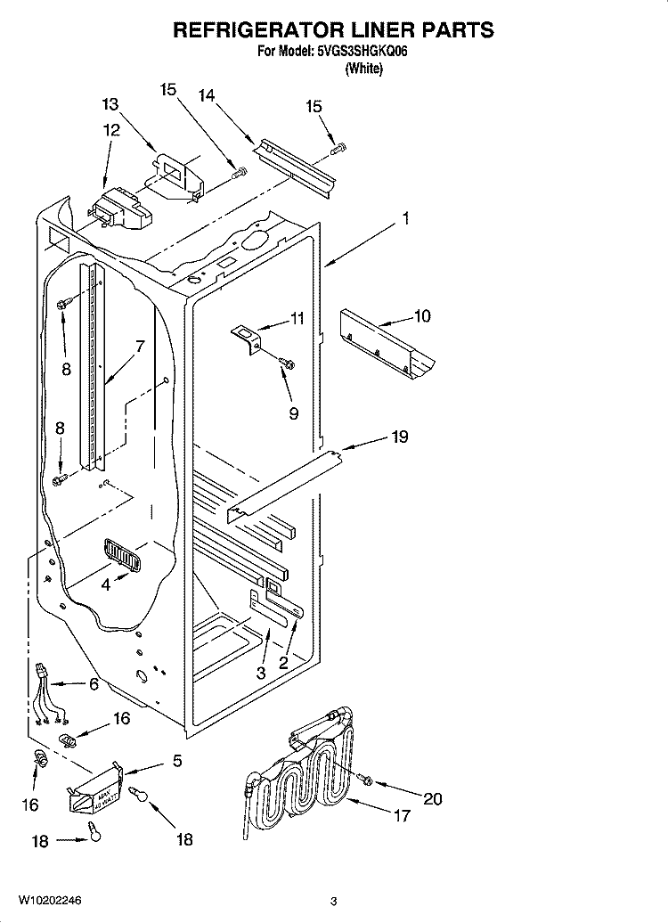 REFRIGERATOR LINER PARTS Diagram and Parts List for 5VGS3SHGKQ06  Whirlpool Refrigerator