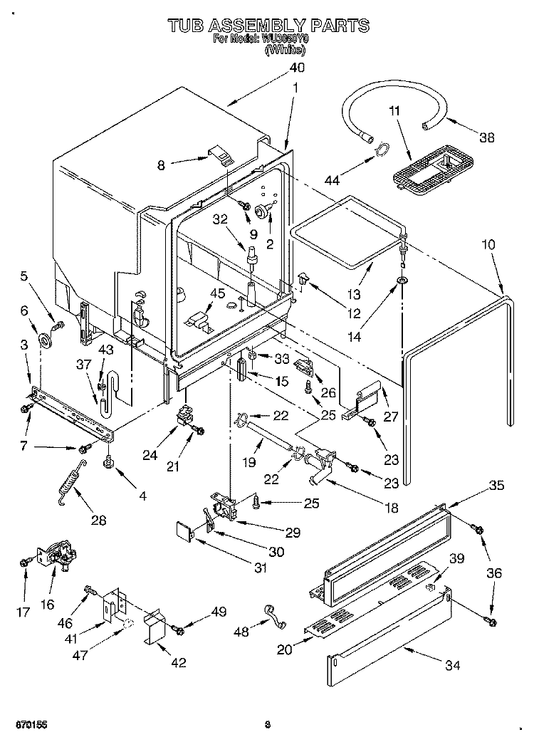TUB ASSEMBLY, LIT/OPTIONAL Diagram and Parts List for WU3050Y0  Roper Dishwasher