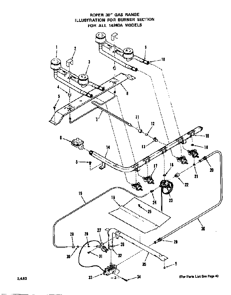 Burner Diagram and Parts List for 1424*0A  Roper Range