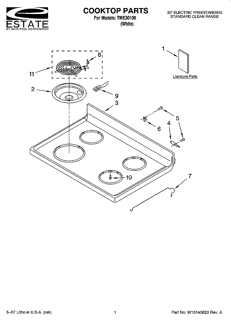 COOKTOP PARTS Diagram and Parts List for TME30100  Estate Range