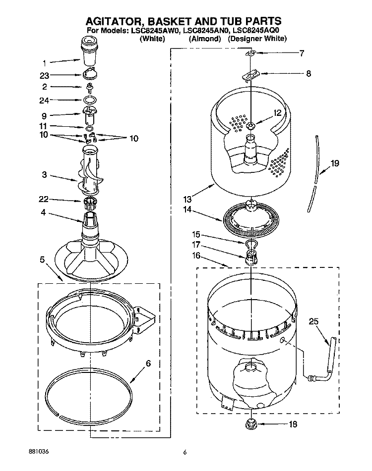 AGITATOR, BASKET AND TUB Diagram and Parts List for LSC8245AQ0  Whirlpool Washer