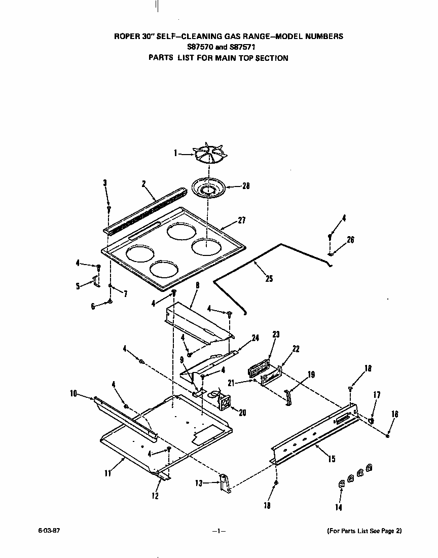 Main Top Diagram and Parts List for S8757*0  Roper Range