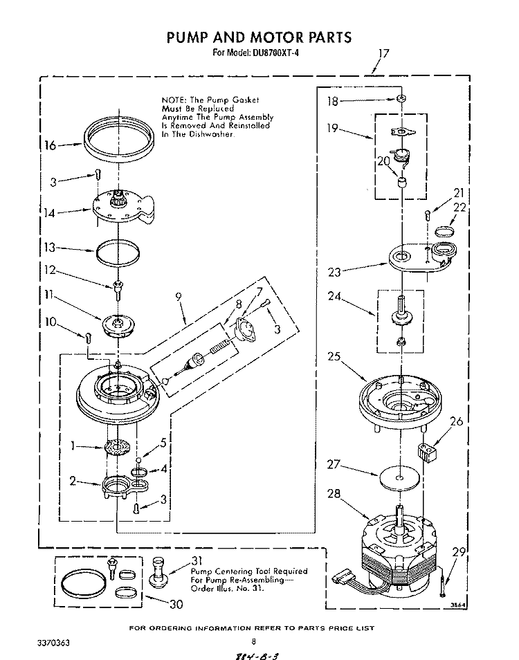 PUMP AND MOTOR Diagram and Parts List for DU8700XT4  Whirlpool Dishwasher