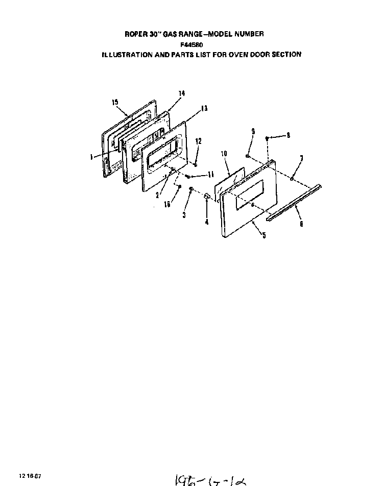 Oven Door Diagram and Parts List for F4458*0  Roper Range