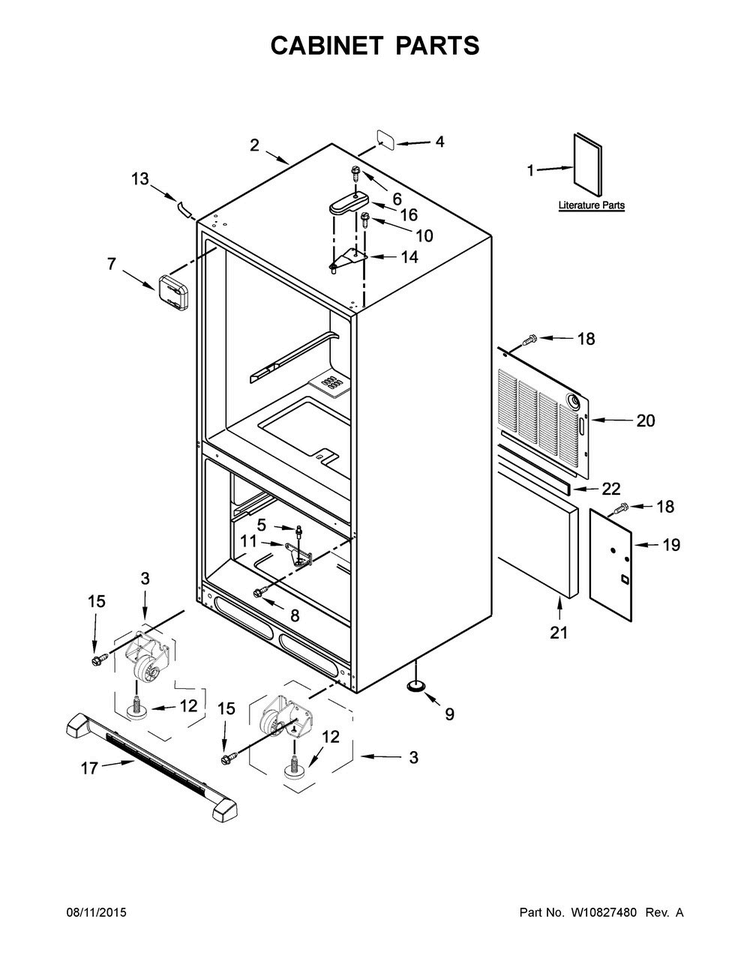 Cabinet Parts Diagram and Parts List for 5GBB2258EA00  Whirlpool Refrigerator