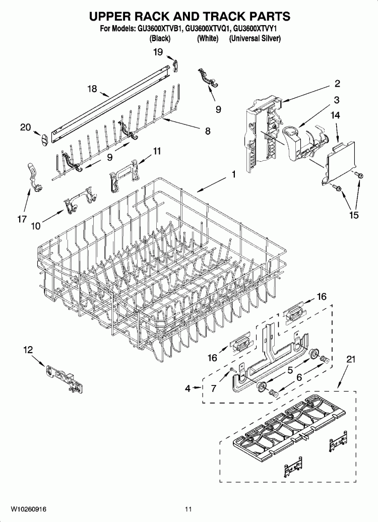 UPPER RACK AND TRACK PARTS Diagram and Parts List for GU3600XTVQ1  Whirlpool Dishwasher