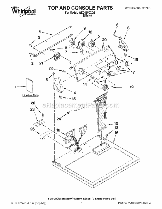 Top And Console Parts Diagram and Parts List for WED4850XQ2  Whirlpool Dryer