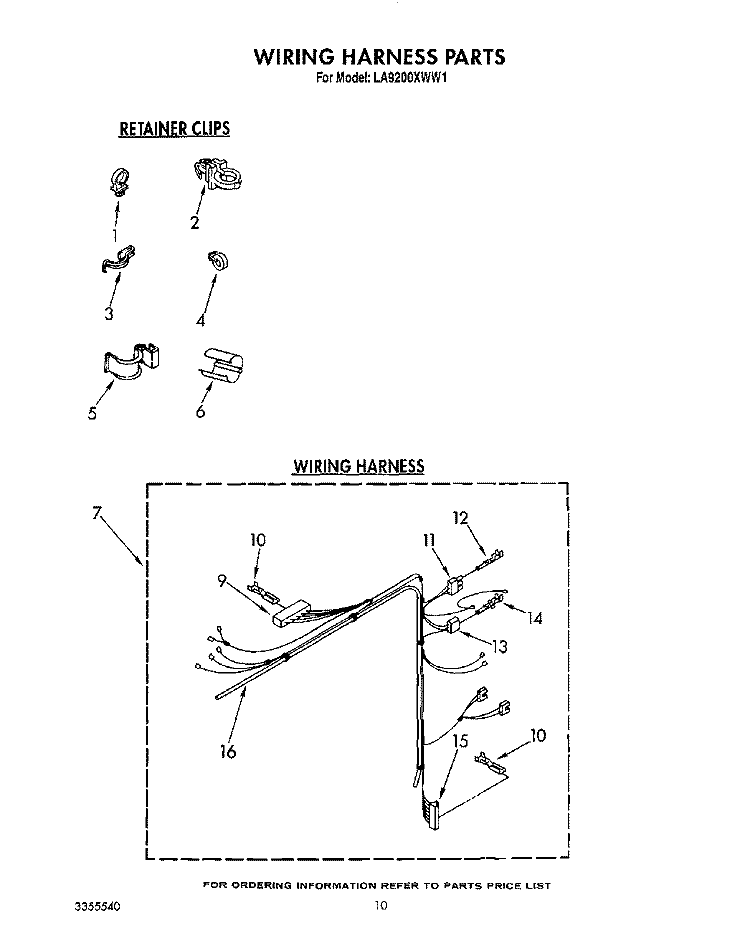 WIRING HARNESS Diagram and Parts List for LA9200XWF1  Whirlpool Washer