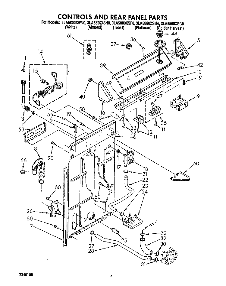 CONTROLS AND REAR PANEL Diagram and Parts List for 3LA5800XSW0  Whirlpool Washer