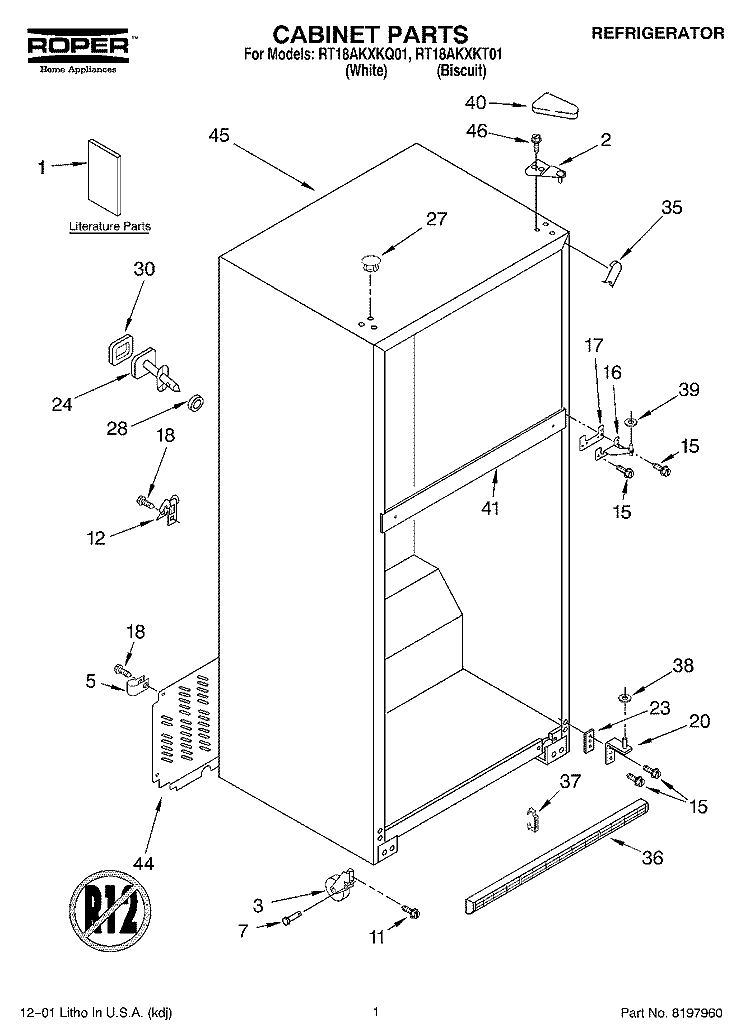 CABINET, LITERATURE Diagram and Parts List for RT18AKXKQ01  Roper Refrigerator