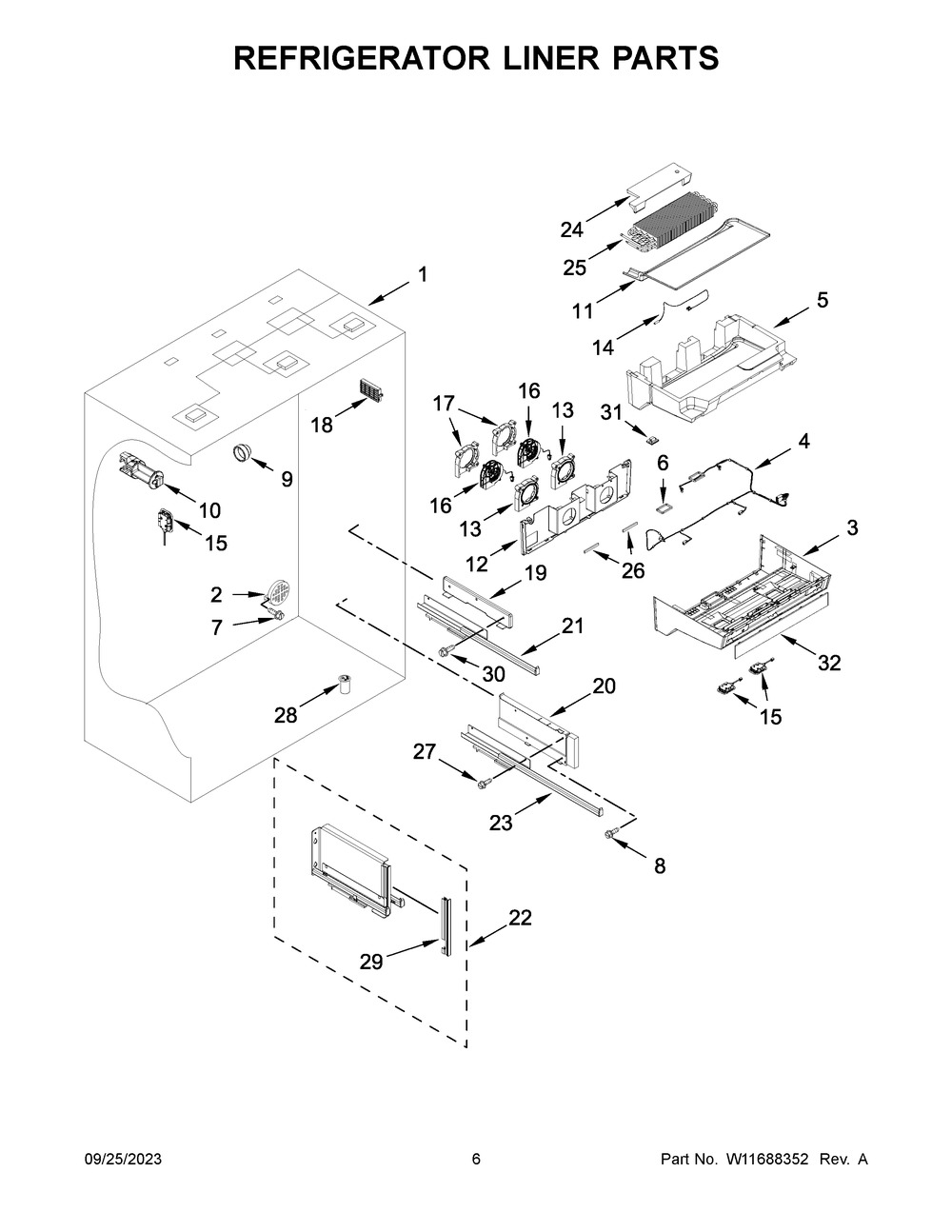Refrigerator Liner Parts Diagram and Parts List for KBFN506ESS05  KitchenAid Refrigerator