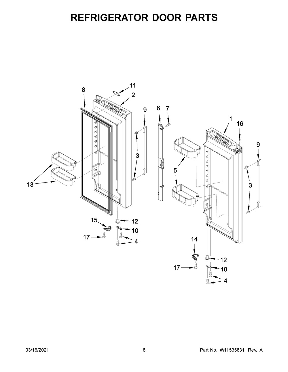 Refrigerator Door Parts Diagram and Parts List for WRFA32SMHZ04  Whirlpool Refrigerator