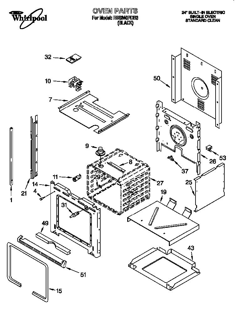 Oven Diagram and Parts List for RBS240PDB0  Whirlpool Wall Oven