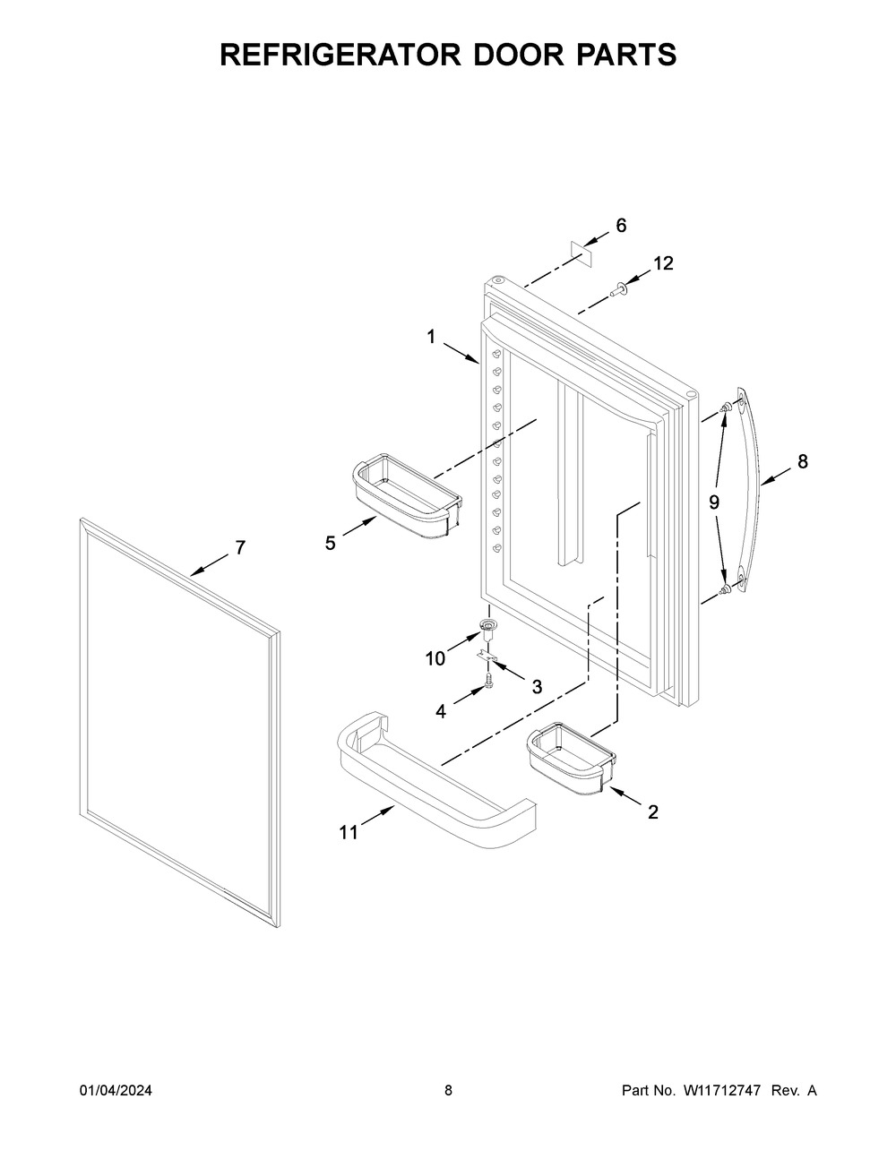 Refrigerator Door Parts Diagram and Parts List for WRB329DMBB05  Whirlpool Refrigerator