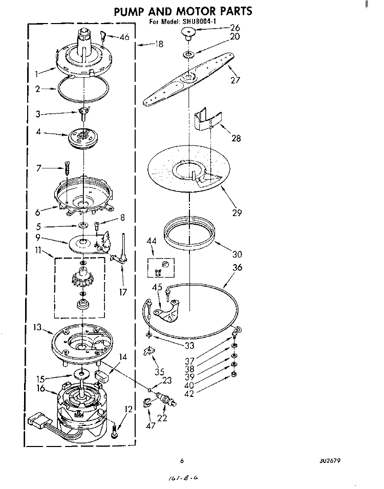 PUMP AND MOTOR Diagram and Parts List for SHU80041  Whirlpool Dishwasher