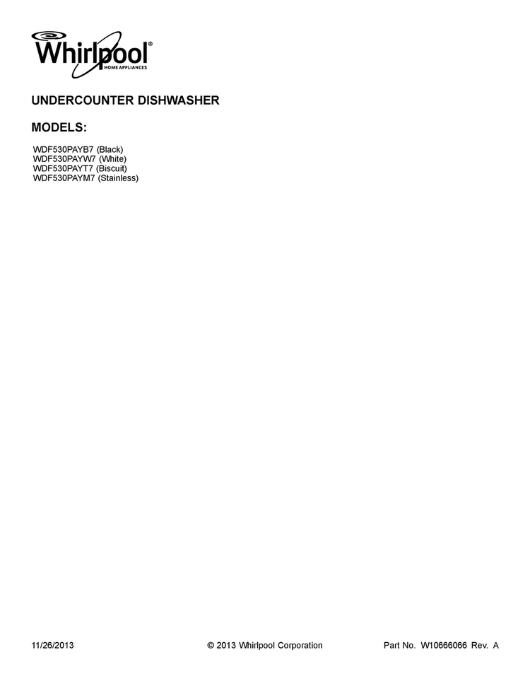 Cover Sheet Diagram and Parts List for WDF530PAYT7  Whirlpool Dishwasher