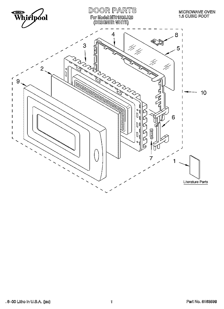 DOOR, LITERATURE Diagram and Parts List for MT0150SJQ0  Whirlpool Microwave