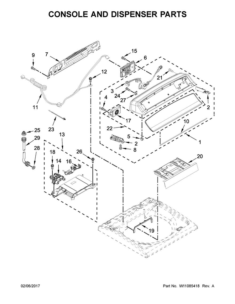 Console And Dispenser Parts Diagram and Parts List for 7MWTW7300EW1  Whirlpool Washer