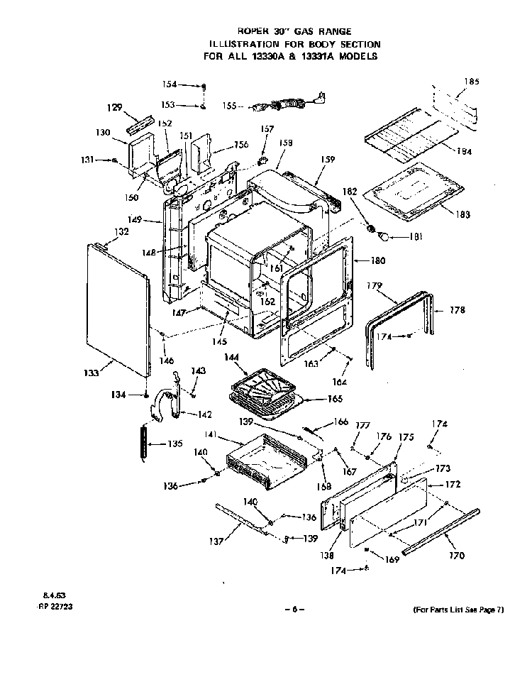 Body Diagram and Parts List for 1333*1A  Roper Range