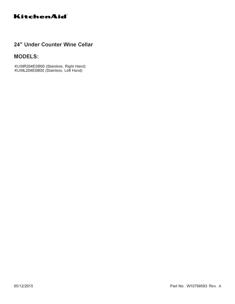 Cover Sheet Diagram and Parts List for KUWL204ESB00  KitchenAid Cooler