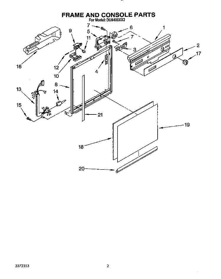 FRAME AND CONSOLE Diagram and Parts List for DU8400XX2  Whirlpool Dishwasher