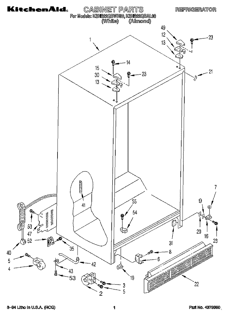 CABINET Diagram and Parts List for KSHS22QBAL00  KitchenAid Refrigerator