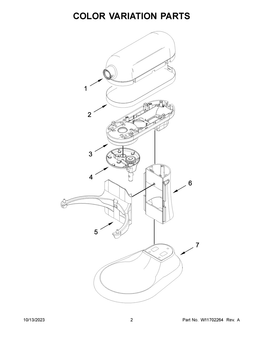 Color Variation Parts Diagram and Parts List for 5KSM70SHXDCA0  KitchenAid Mixer