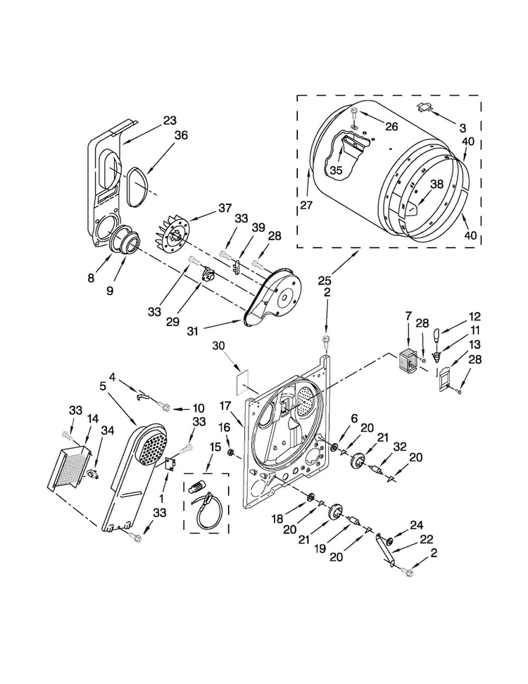 Bulkhead Parts Diagram and Parts List for 1106192310  Kenmore Dryer