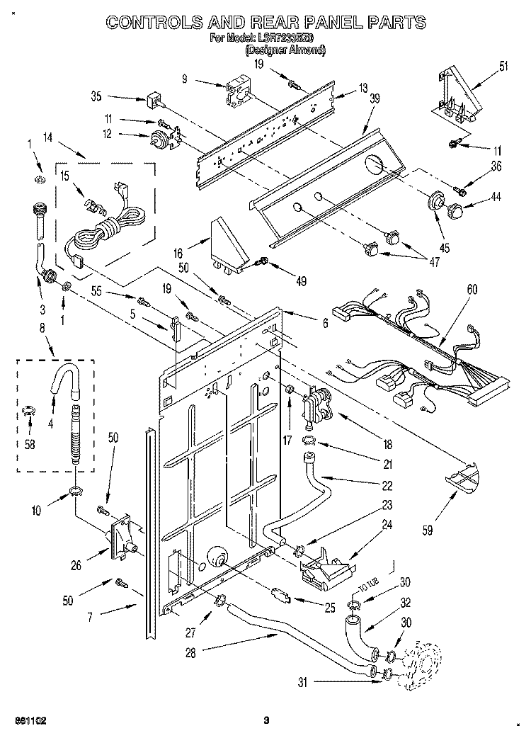 CONTROLS AND REAR PANEL Diagram and Parts List for LSR7233BZ0  Whirlpool Washer