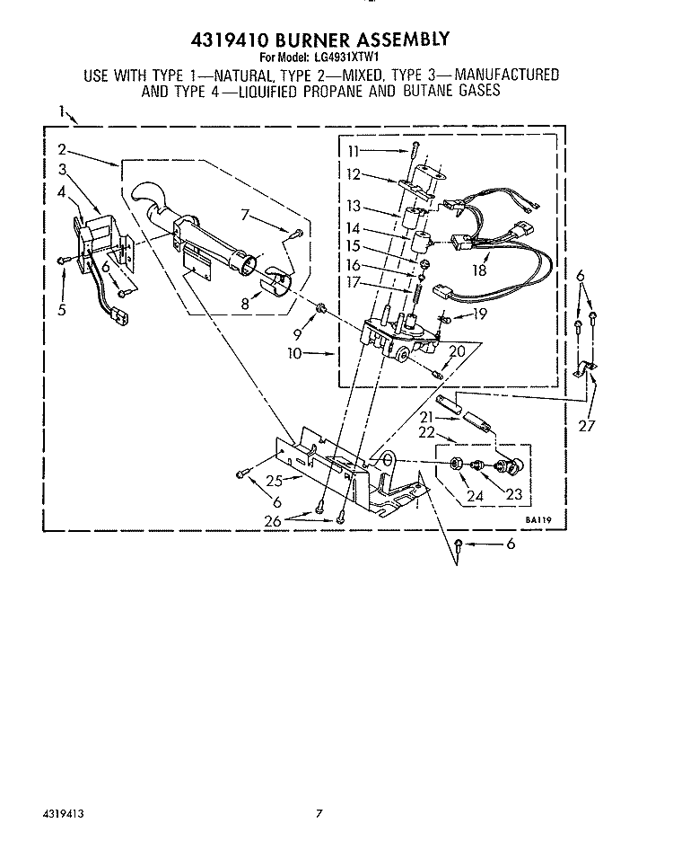 4319410 BURNER ASSEMBLY Diagram and Parts List for LG4931XTN1  Whirlpool Dryer