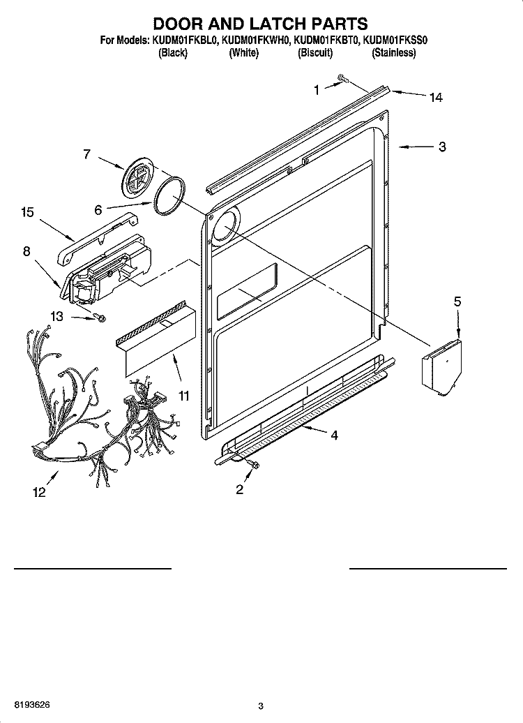 DOOR AND LATCH PARTS Diagram and Parts List for KUDM01FKSS0  KitchenAid Dishwasher