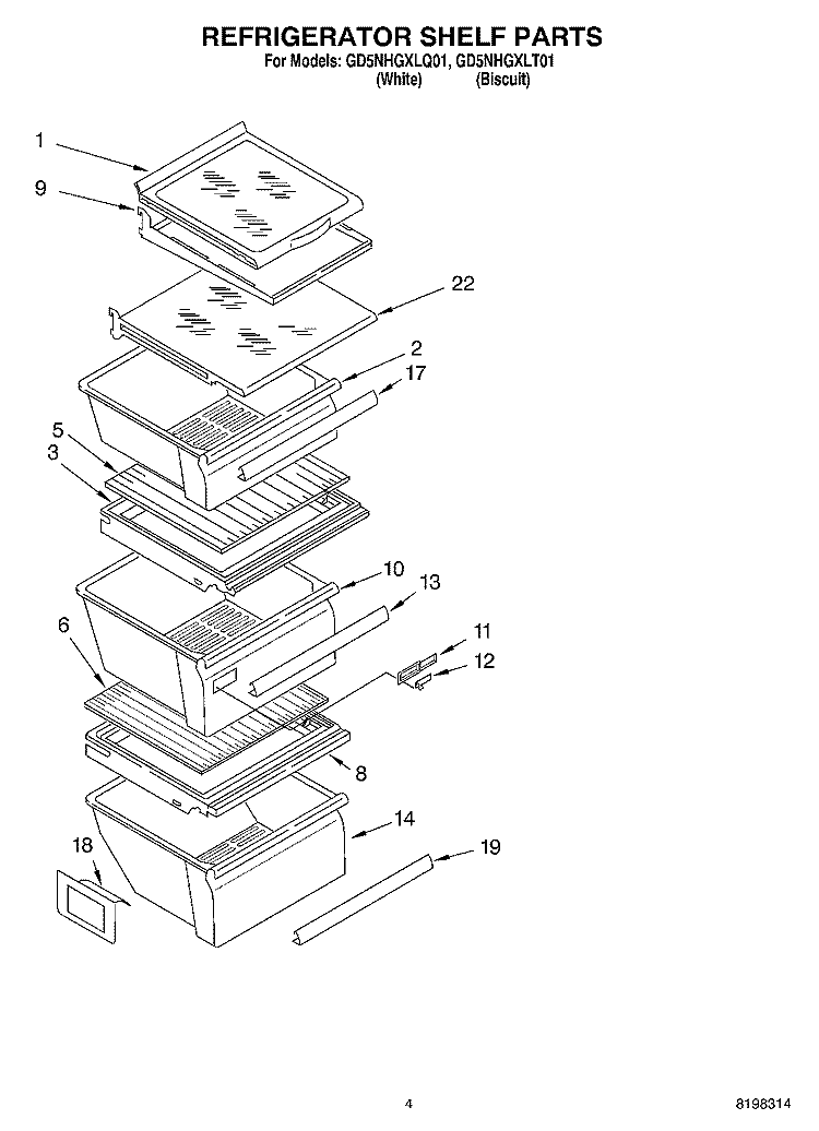 REFRIGERATOR SHELF Diagram and Parts List for GD5NHGXLQ01  Whirlpool Refrigerator