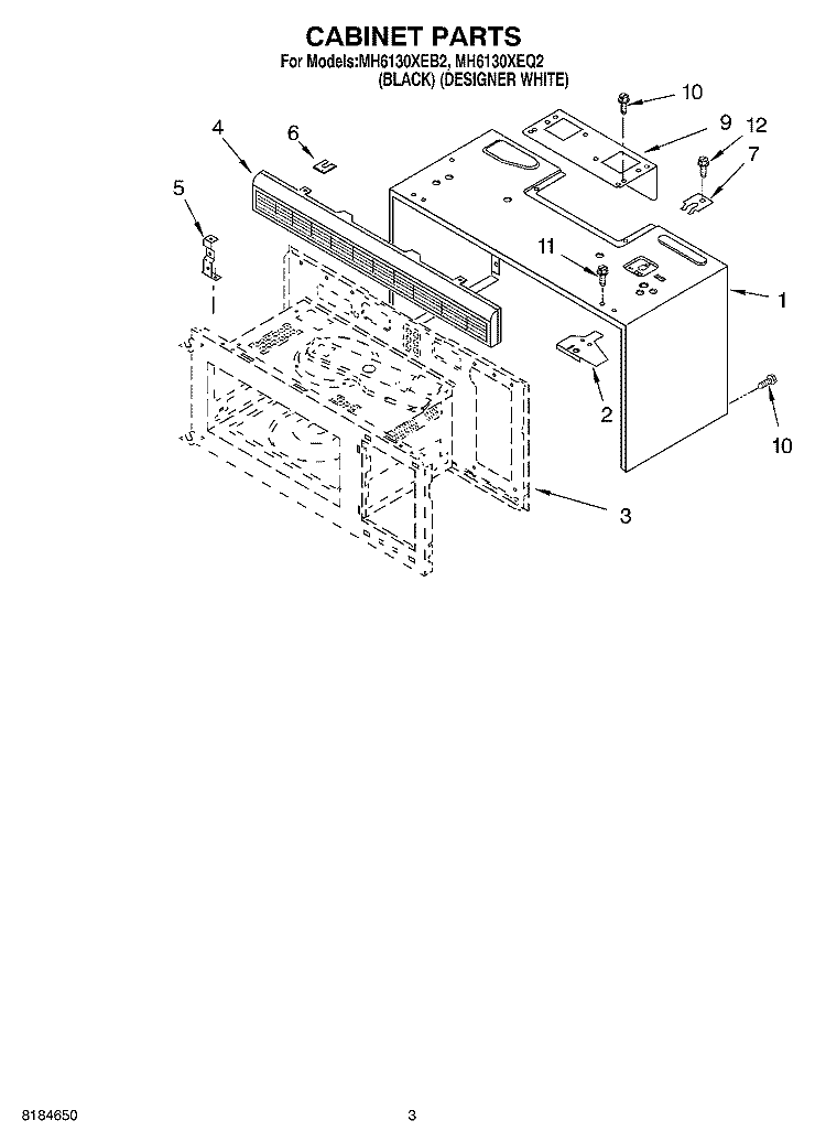 CABINET Diagram and Parts List for MH6130XEQ2  Whirlpool Microwave