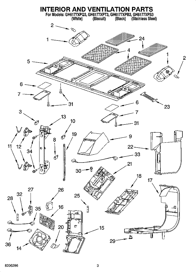 INTERIOR AND VENTILATION PARTS Diagram and Parts List for GH6177XPB3  Whirlpool Microwave