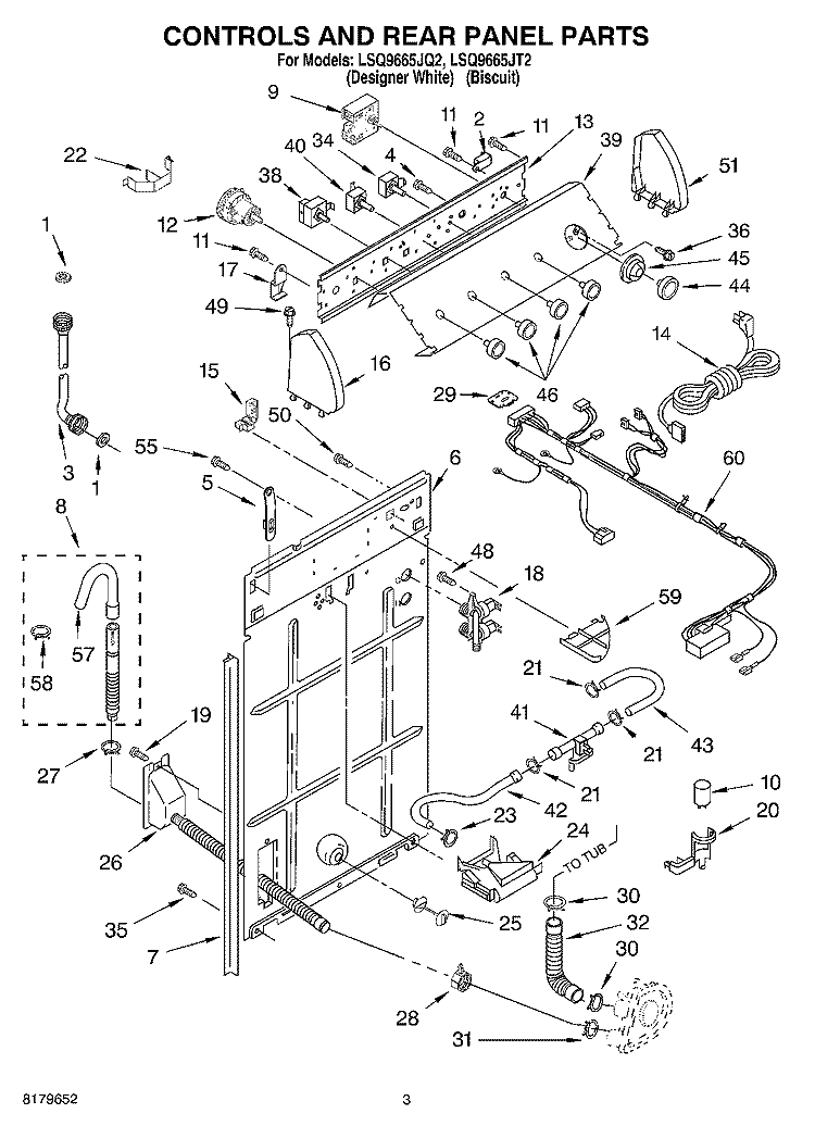 CONTROLS AND REAR PANEL Diagram and Parts List for LSQ9665JT2  Whirlpool Washer