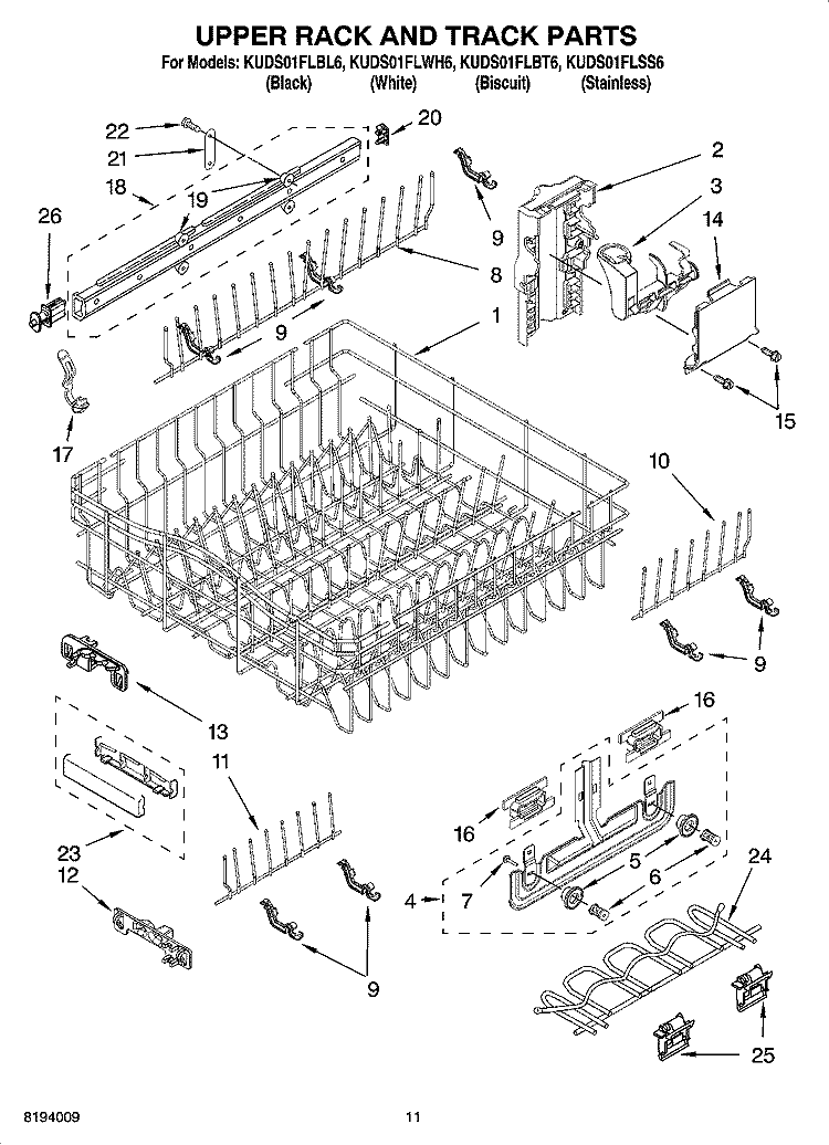UPPER RACK AND TRACK PARTS Diagram and Parts List for KUDS01FLSS6  KitchenAid Dishwasher