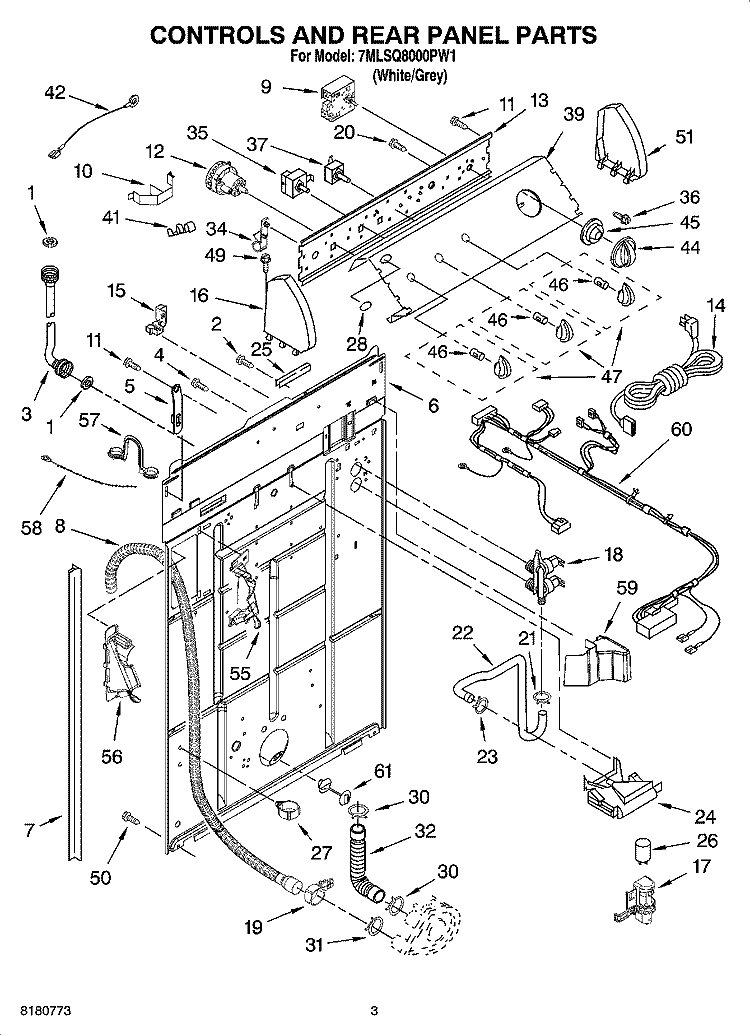 CONTROLS AND REAR PANEL PARTS Diagram and Parts List for 7MLSQ8000PW1  Whirlpool Washer