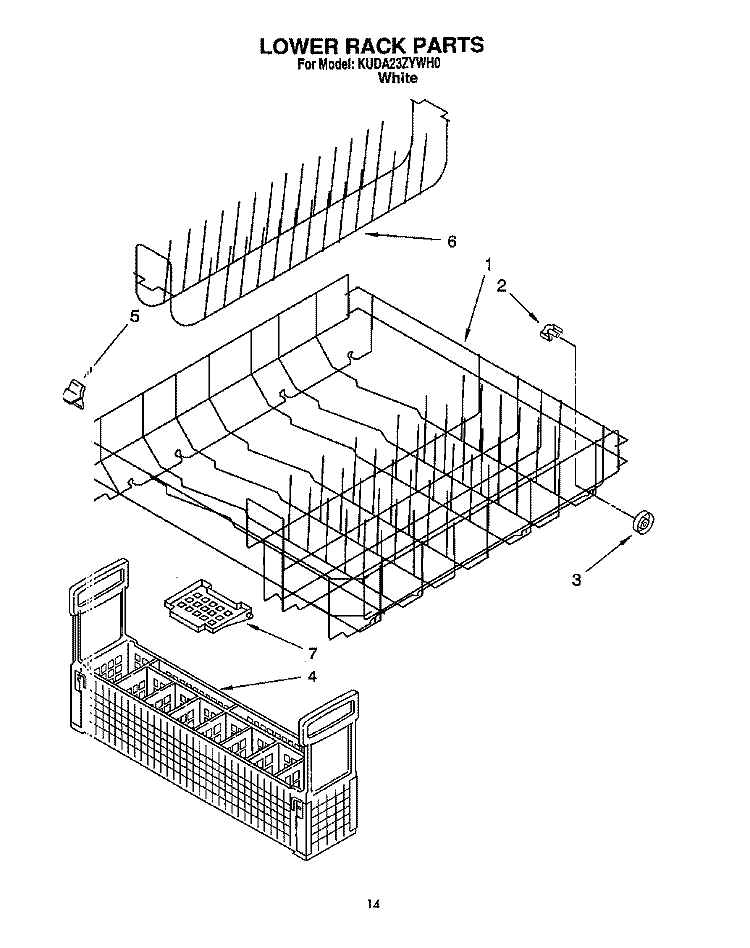 LOWER RACK Diagram and Parts List for KUDA23ZYWH0  KitchenAid Dishwasher