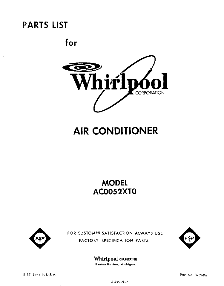 SECTION Diagram and Parts List for AC0052XT0  Whirlpool Air Conditioner