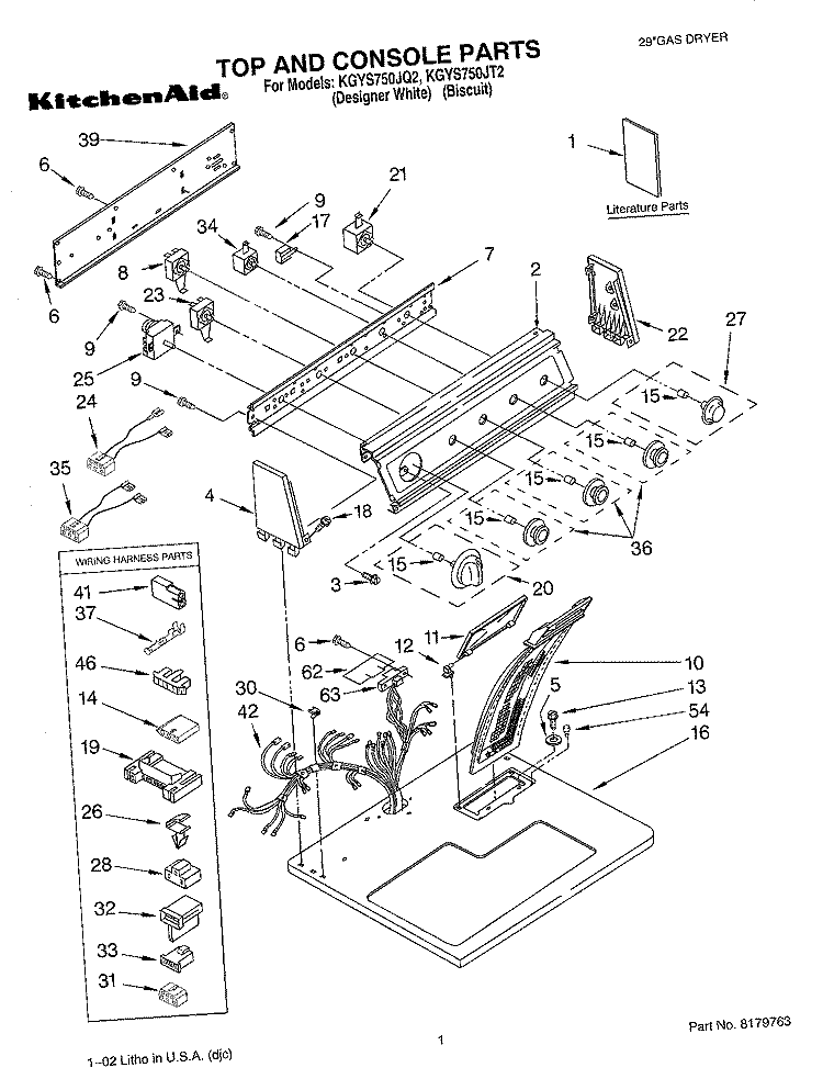 TOP AND CONSOLE, LITERATURE Diagram and Parts List for KGYS750JT2  KitchenAid Dryer