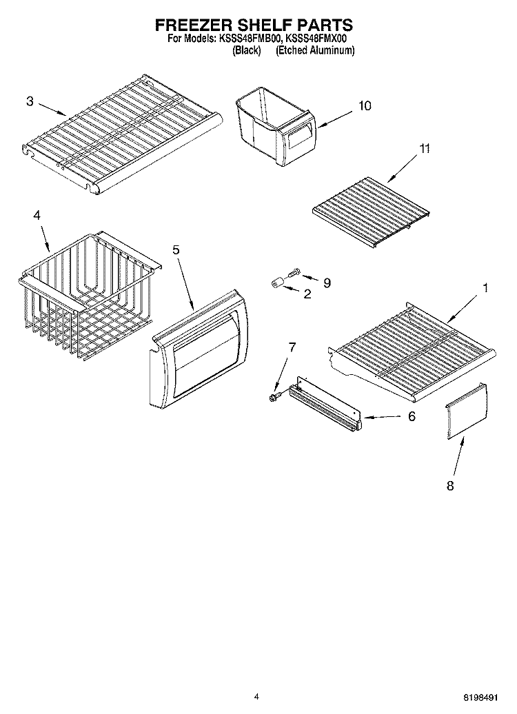 FREEZER SHELF PARTS Diagram and Parts List for KSSS48FMX00  KitchenAid Refrigerator