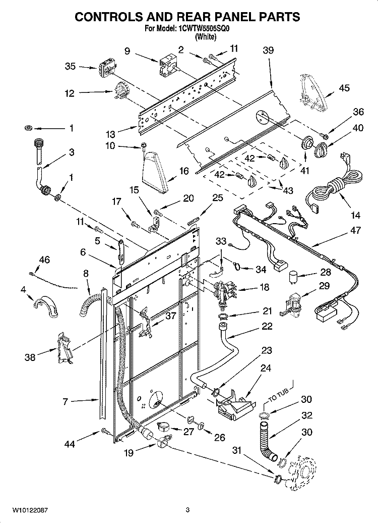 CONTROLS AND REAR PANEL PARTS Diagram and Parts List for 1CWTW5505SQ0  Whirlpool Washer