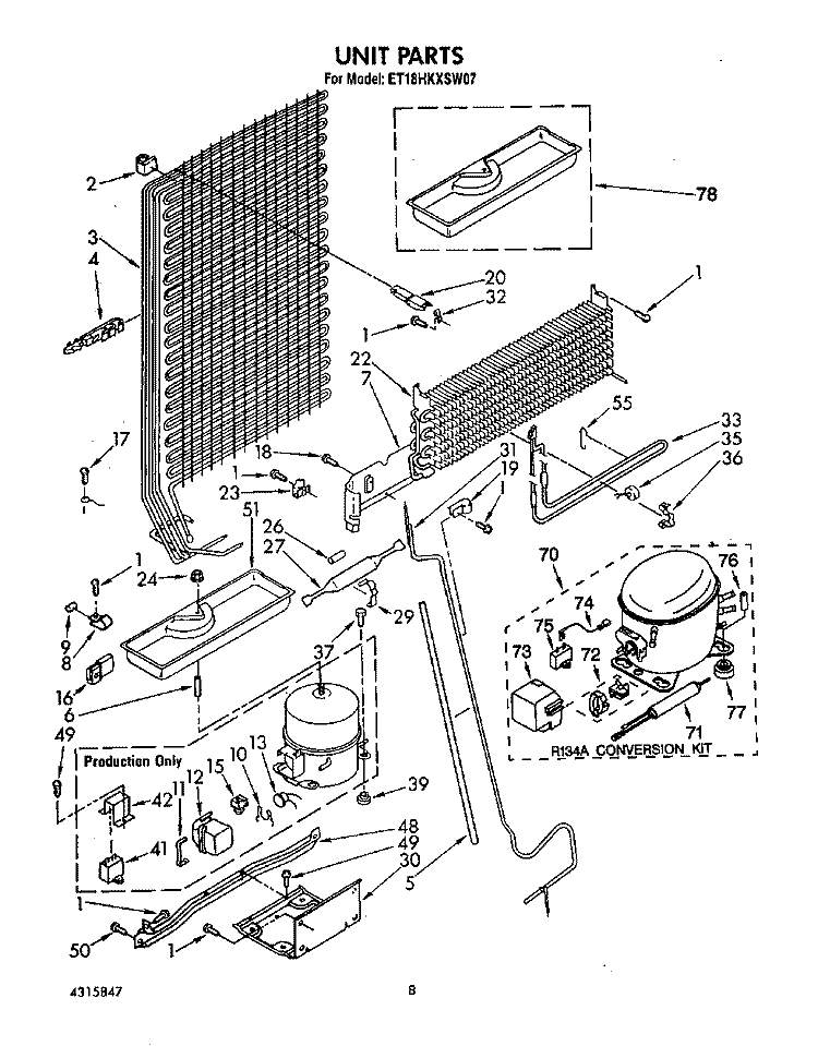 UNIT Diagram and Parts List for ET18HKXSW07  Whirlpool Refrigerator