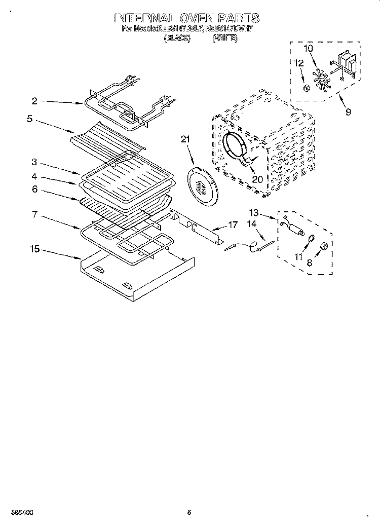 INTERNAL OVEN Diagram and Parts List for KEBS147DWH7  KitchenAid Wall Oven