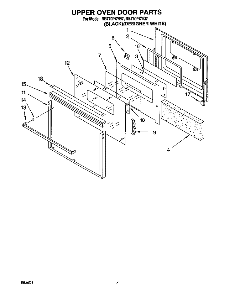 UPPER OVEN DOOR Diagram and Parts List for RB770PXYB7  Whirlpool Wall Oven